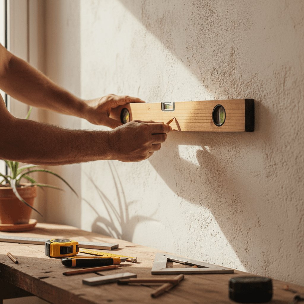 Profesional midiendo con nivel de forma precisa en pared de vivienda
