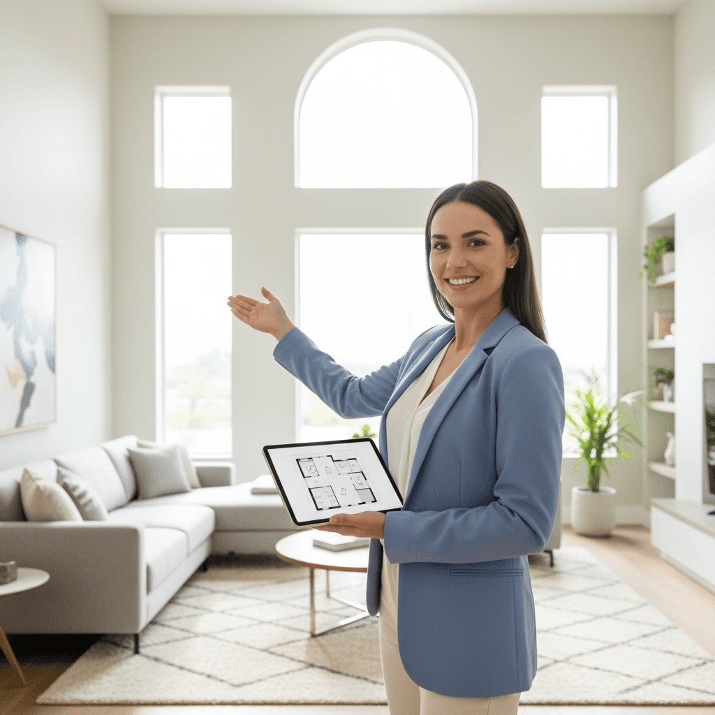 Asesor inmobiliario presentando propiedad moderna
