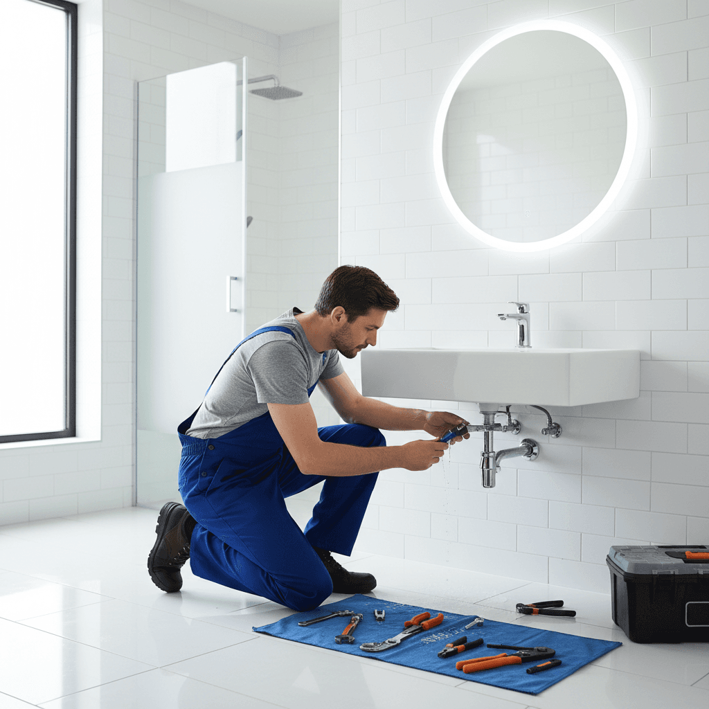 Profesional realizando reparación de fontanería en baño moderno